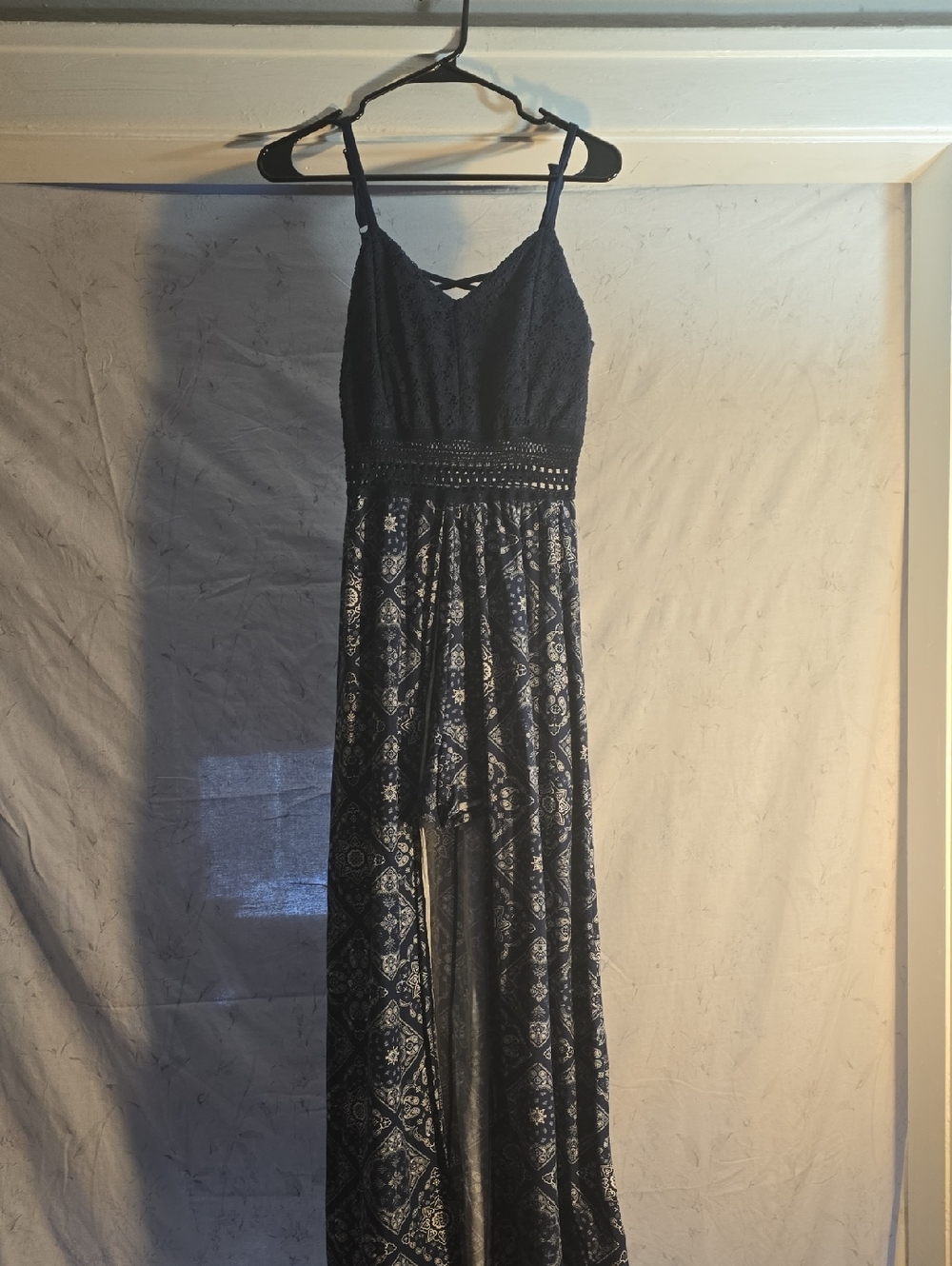 No Boundaries Navy Crochet Bodice Printed Jumpsuit Romper
